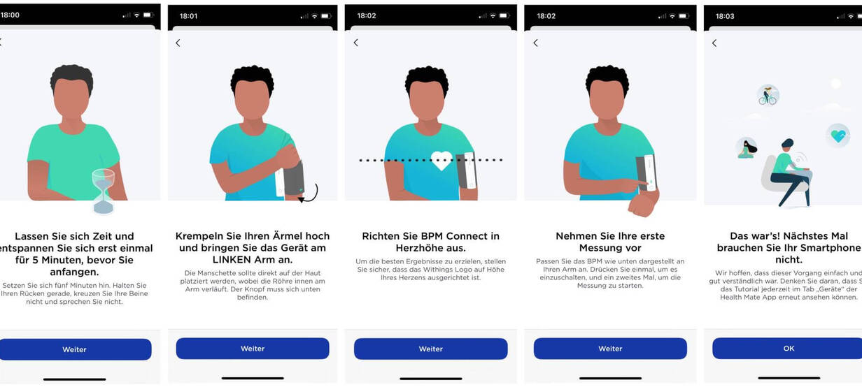 Schritt für Schritt zeigt die Withings Health App, wie du den Blutdruck messen kannst. Die Health App von Withings zeigt die Anwendung des Blutdruckmessgeräts BPM CONNECT von Withings.