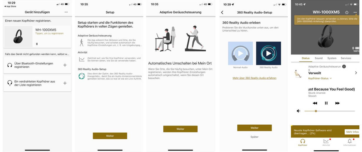 Screenshots der App zum Sony Kopfhörer WH-1000XM5