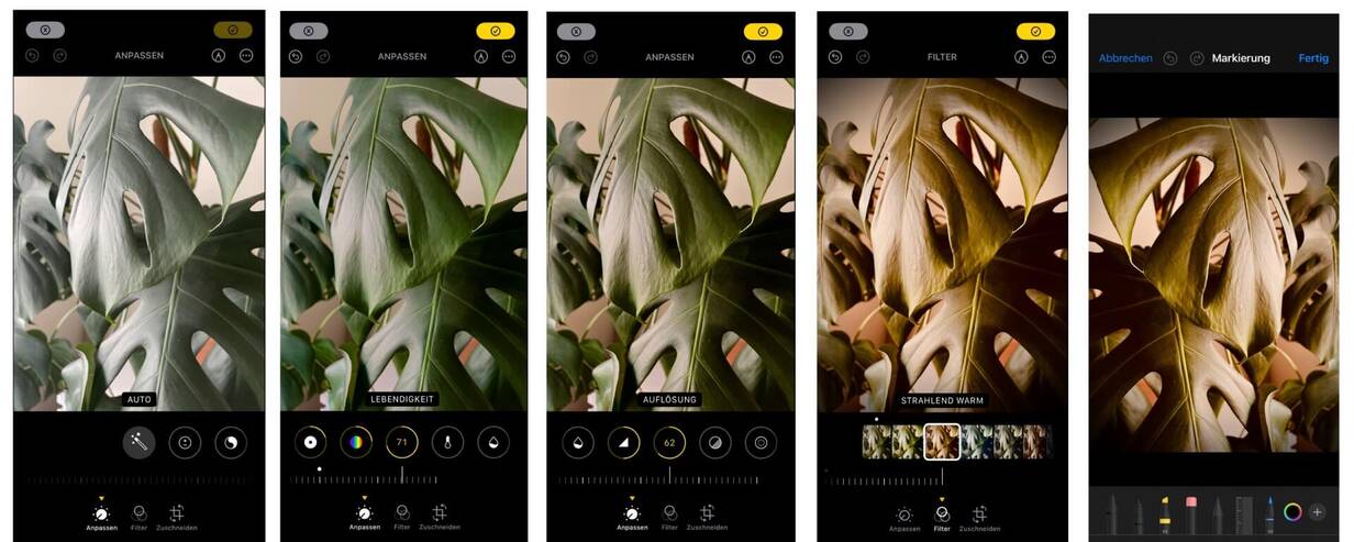 Screenshots von der Fotobearbeitung in der iPhone Foto App