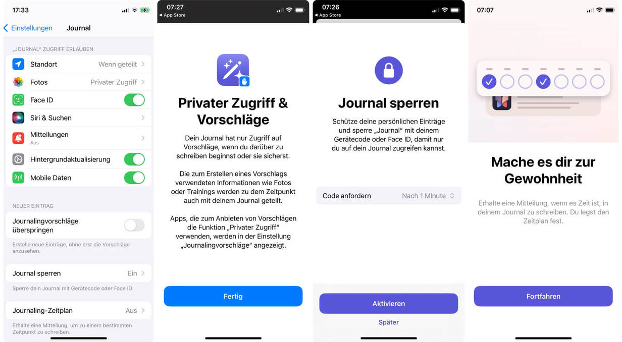 Screenshots der Einstellungen für die Apple Journal App