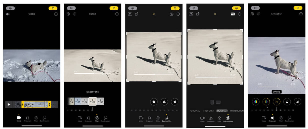 Diverse Einstellungen bei der Video-Bearbeitung (Foto: DQ Solutions) Screenshots der Foto-App bei der Video Bearbeitung mit iPhone