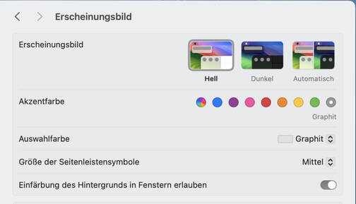 Einstellungen zur Festlegung des Erscheinungsbildes bei Mac (Bild: DQ Solutions) MacBook einrichten und Hintergrund einstellen