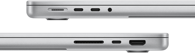 Side view of 14-inch MacBook Pro with M3 Pro chip showing ports: left side, MagSafe port, two Thunderbolt 4 ports, and headphone jack, right side, SDXC card slot, one Thunderbolt 4 port, and HDMI port