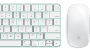 Close-up top view of Magic Keyboard with Touch ID, next to Magic Mouse.