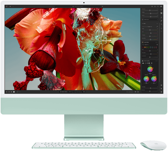 iMac screen showing a colorful flower seen in Adobe Lightroom to demonstrate the color range and resolution of the 4.5K Retina display.