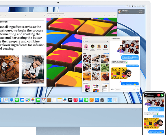 iMac next to an iPhone, showing Continuity feature by sharing a text conversation and photos between iPhone and iMac.