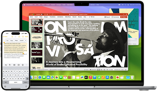 MacBook Air et iPhone côte à côte, dont les écrans illustrent la copie d’un texte depuis l’iPhone vers un document affiché sur le MacBook Air