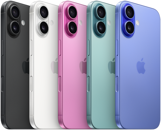 iPhone 16, back exterior, raised Advanced dual-camera system, Apple logo in center, all five finishes, Black, White, Pink, Teal, Ultramarine