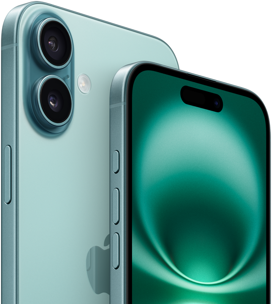 iPhone 16 Plus and iPhone 16, Action button, volume buttons, Side button, and Camera Control, front exterior all-screen design, Dynamic Island centered near top, back exterior, Teal finish, raised Advanced dual-camera system in top left corner, Apple logo in center