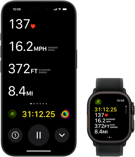 Live Activity showing a person's biking metrics on both their Ultra 2 and their iPhone