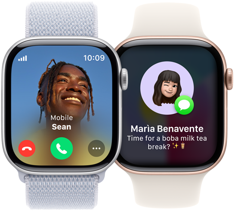 An incoming call on an Apple Watch Series 10 and an incoming text on another Apple Watch Series 10.